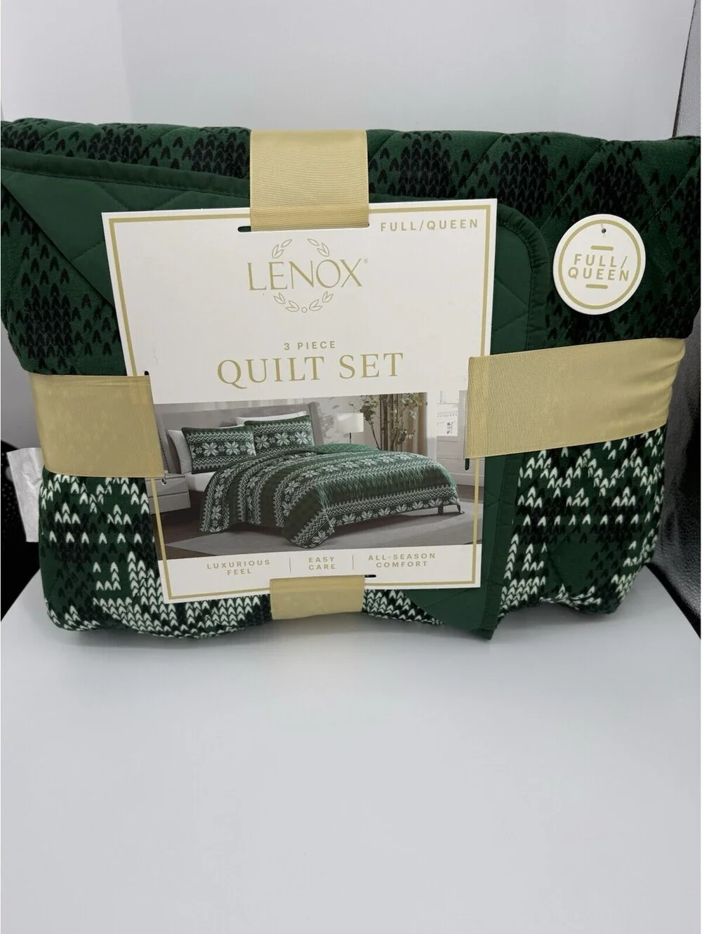 Lenox Holiday 3 Piece Quilt Set FULL/QUEEN - Green Pattern